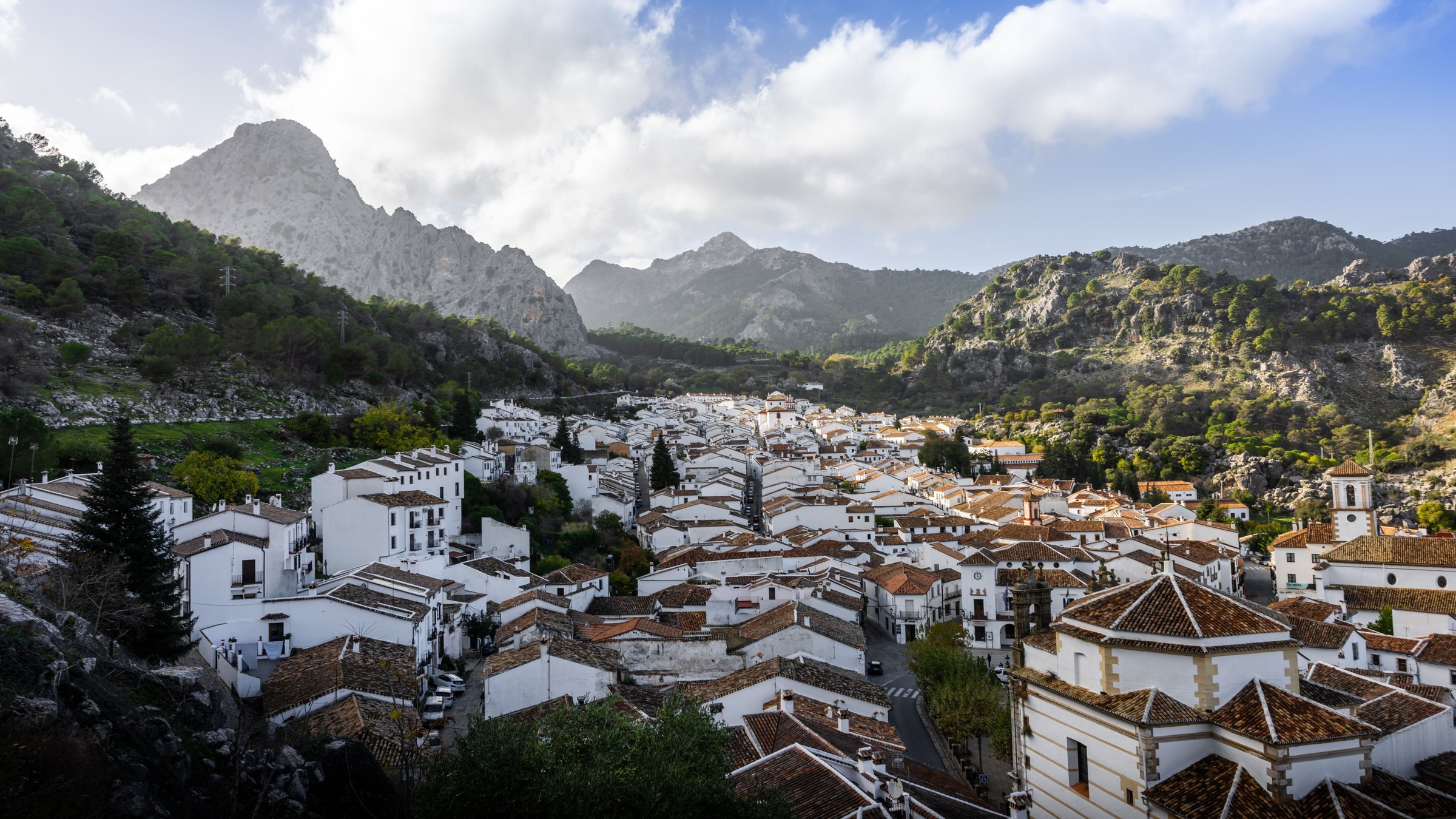 White village of Grazalema below the sierra, Andalusia, Spain